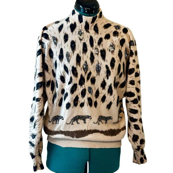 Vintage SML Sport Lambswool Beaded Leopard Sweater Women’s M Tan Black - Picture 2 of 7
